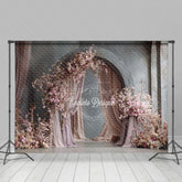 Aperturee - Aperturee Pink Cherry Blossom Arch Photography Backdrop Draped Fabric for Spring Wedding Romantic Photo Background